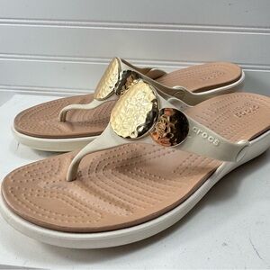 Crocs Sanrah Embellished Wedge Flip Women's Size 11 OYSTER/GOLD